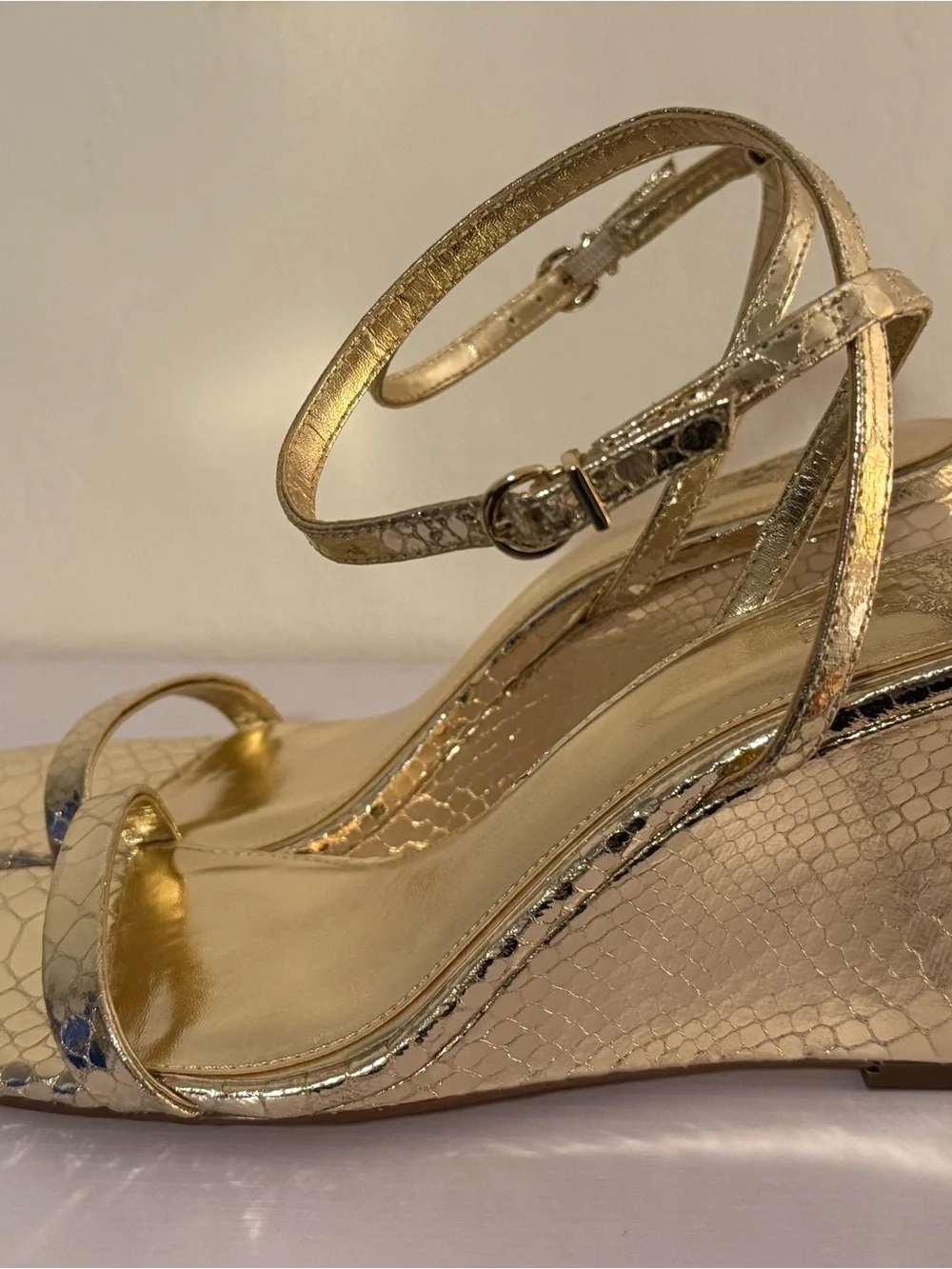 Vince Camuto Gold Metallic Snake-Embossed Wedge Sandals